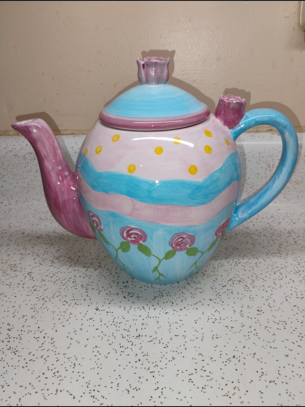 Tea Pot Whimsical Hand-Painted Pink and Blue With Yellow Polka Dots Ceramic